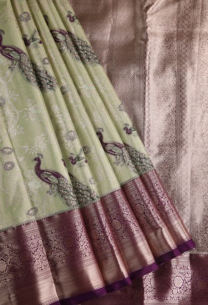 Mint Green Tissue Silk Sarees with Copper Zari Peacock Motifs