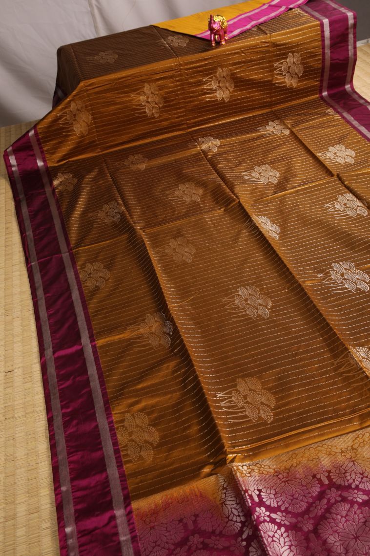 Cider Orange Soft Silk Saree with Silver Zari Floral Puttas view 2