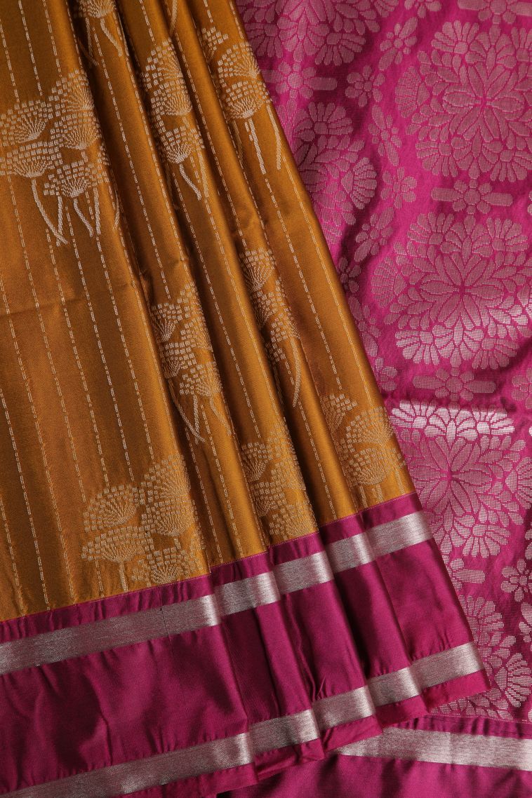 Cider Orange Soft Silk Saree with Silver Zari Floral Puttas view 1
