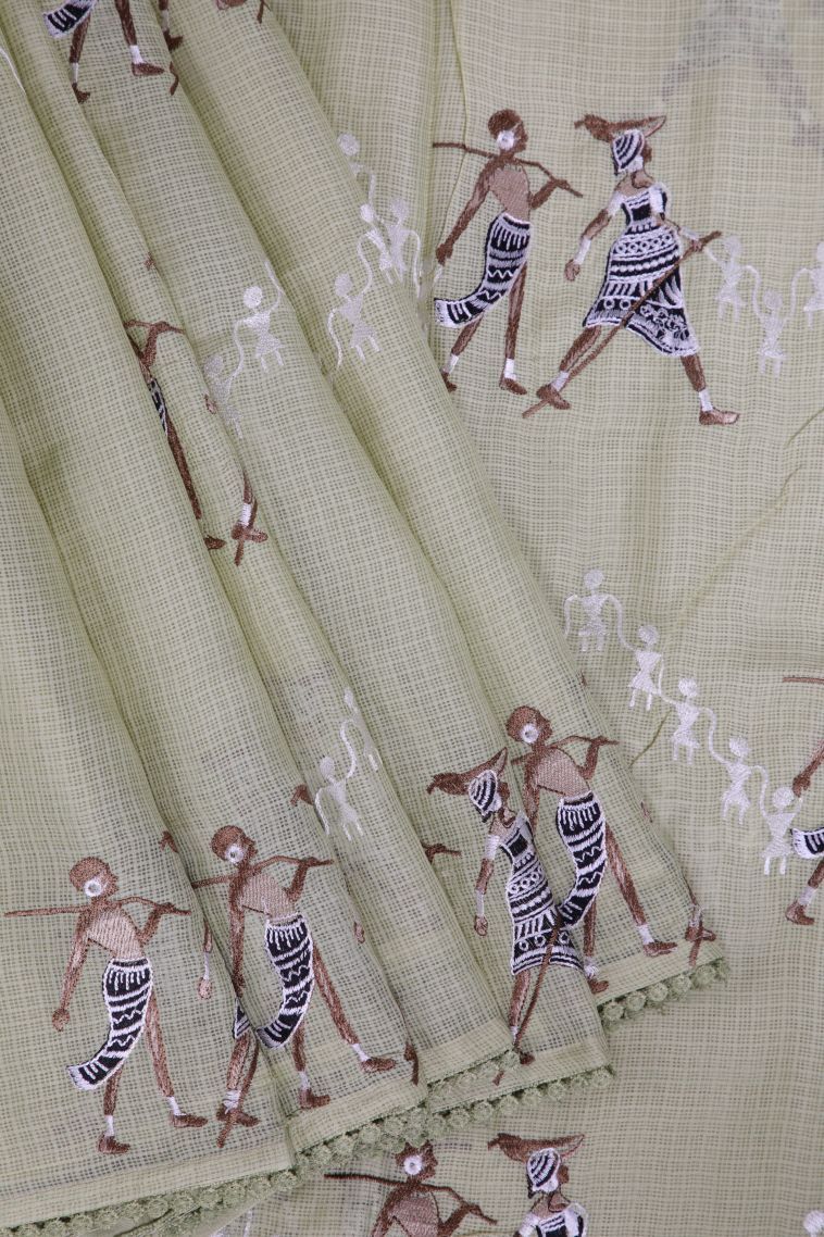 Pistachio Green Organza Saree with Without Zari Zari Tribal Or Folk Art view 1