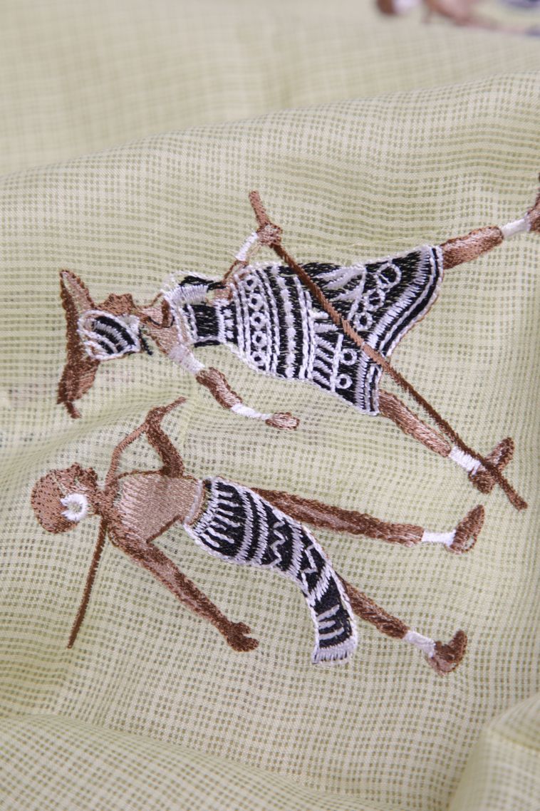 Pistachio Green Organza Saree with Without Zari Zari Tribal Or Folk Art view 4