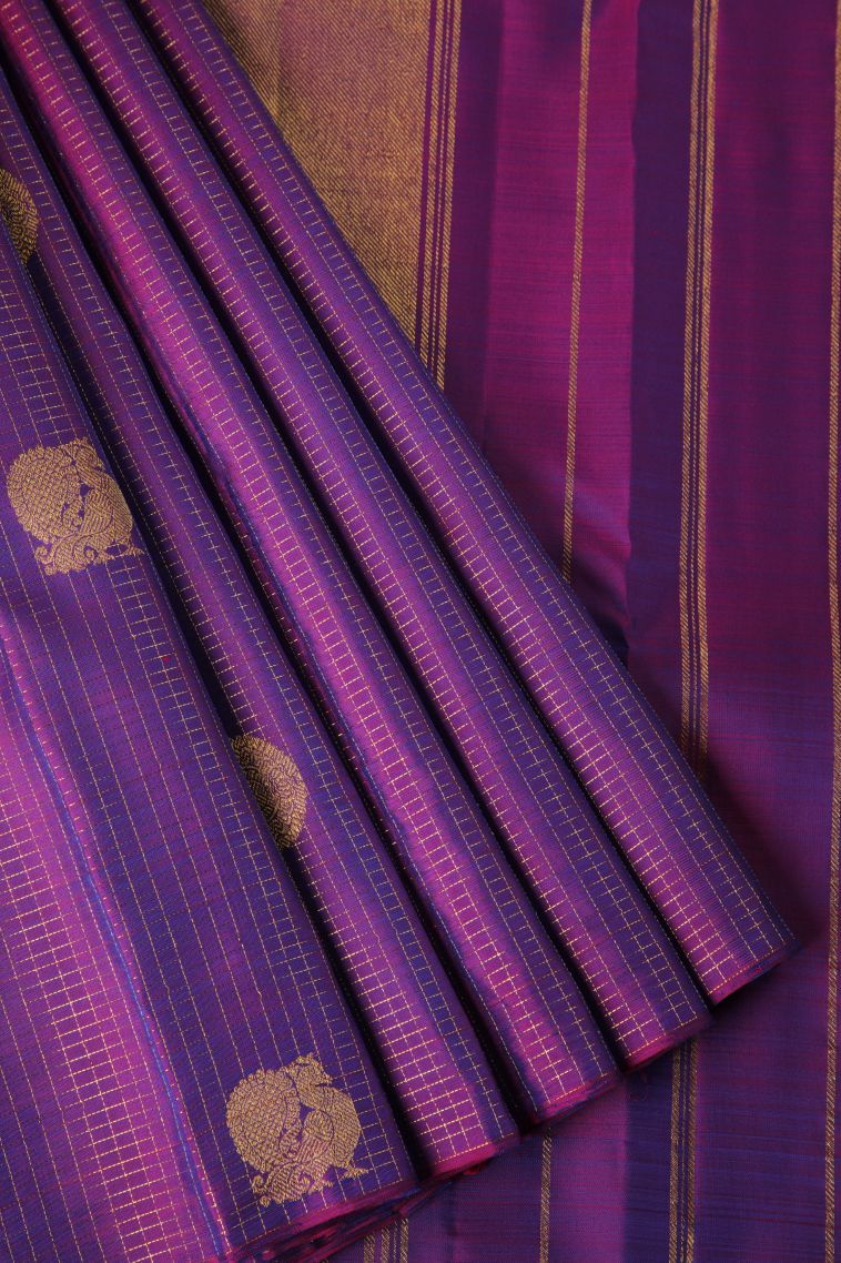 Bubble Purple Kanchipuram Silk Sarees with Gold Zari Peacock Motifs view 1
