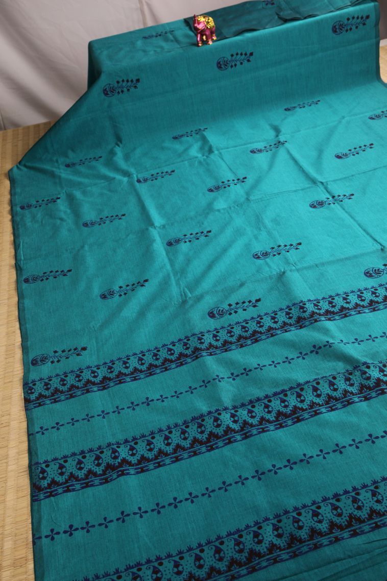 Sapphire Blue Poly Cotton Sarees with Without Zari Zari Floral Patterns view 2
