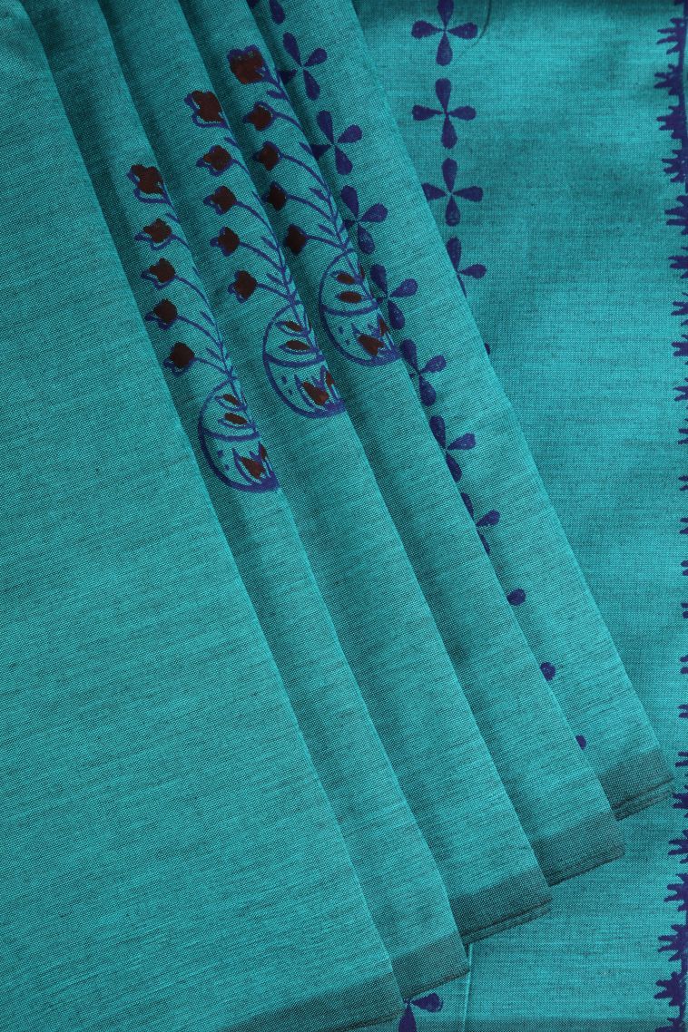 Sapphire Blue Poly Cotton Sarees with Without Zari Zari Floral Patterns view 1
