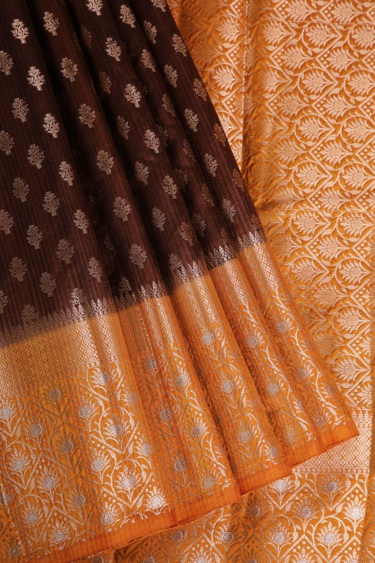 Cinnamon Brown Jute Sarees with Gold Zari Buttis (small Dots Or Motifs) view 1