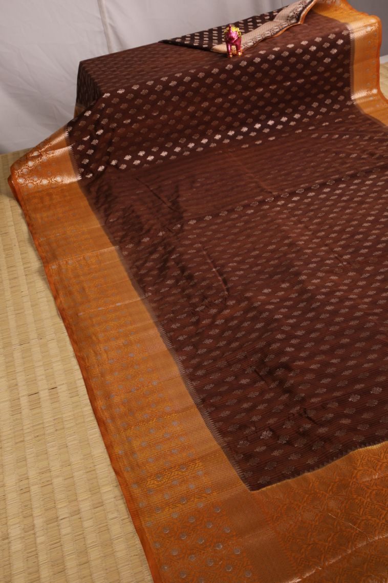 Cinnamon Brown Jute Sarees with Gold Zari Buttis (small Dots Or Motifs) view 2