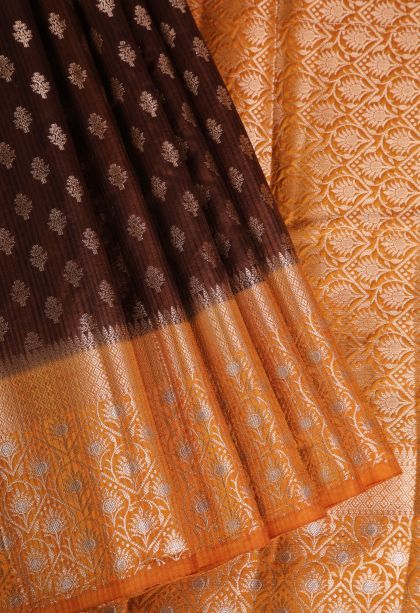 Cinnamon Brown Jute Sarees with Gold Zari Buttis (small Dots Or Motifs)