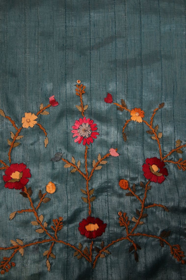 Cerulean Blue Jute Sarees with Without Zari Zari Floral Patterns view 3