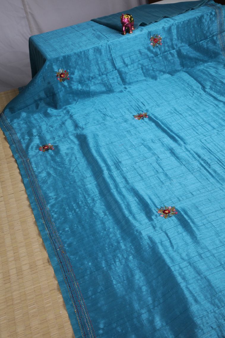 Cerulean Blue Jute Sarees with Without Zari Zari Floral Patterns view 2