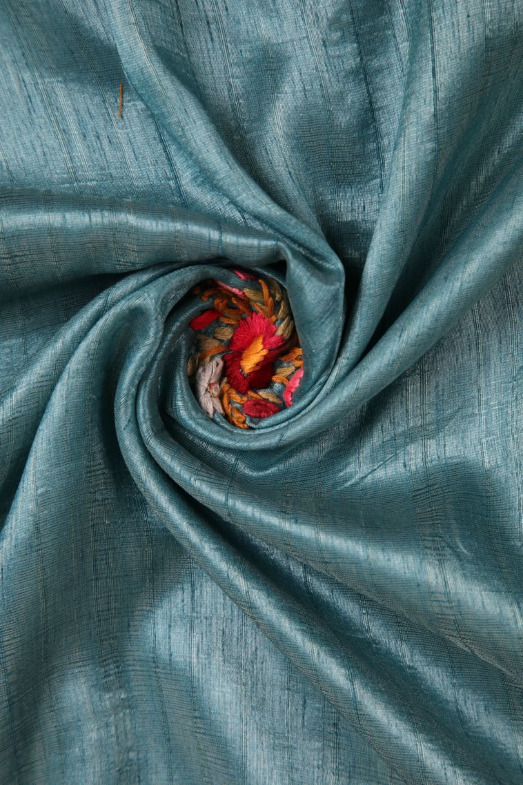 Cerulean Blue Jute Sarees with Without Zari Zari Floral Patterns view 4