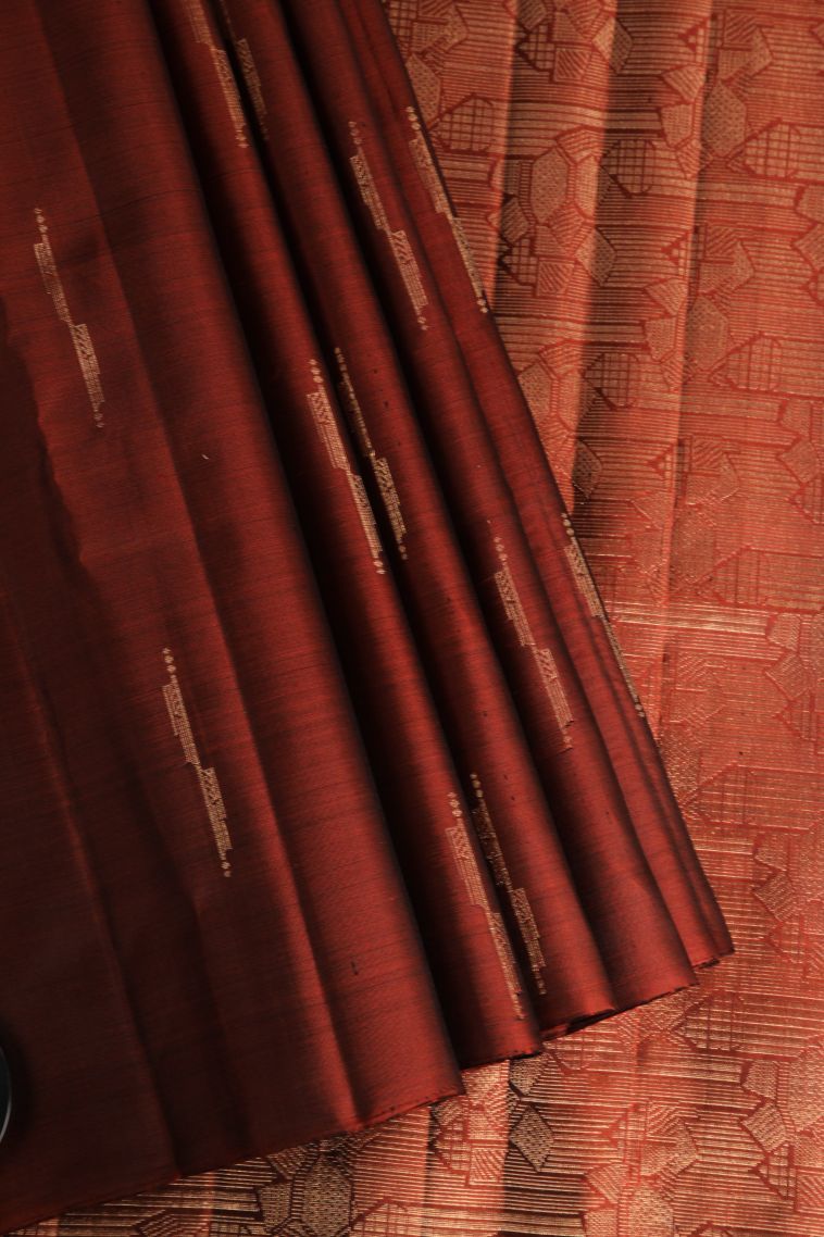 Berry Red Soft Silk Saree with Gold Zari Geometric Shapes view 1