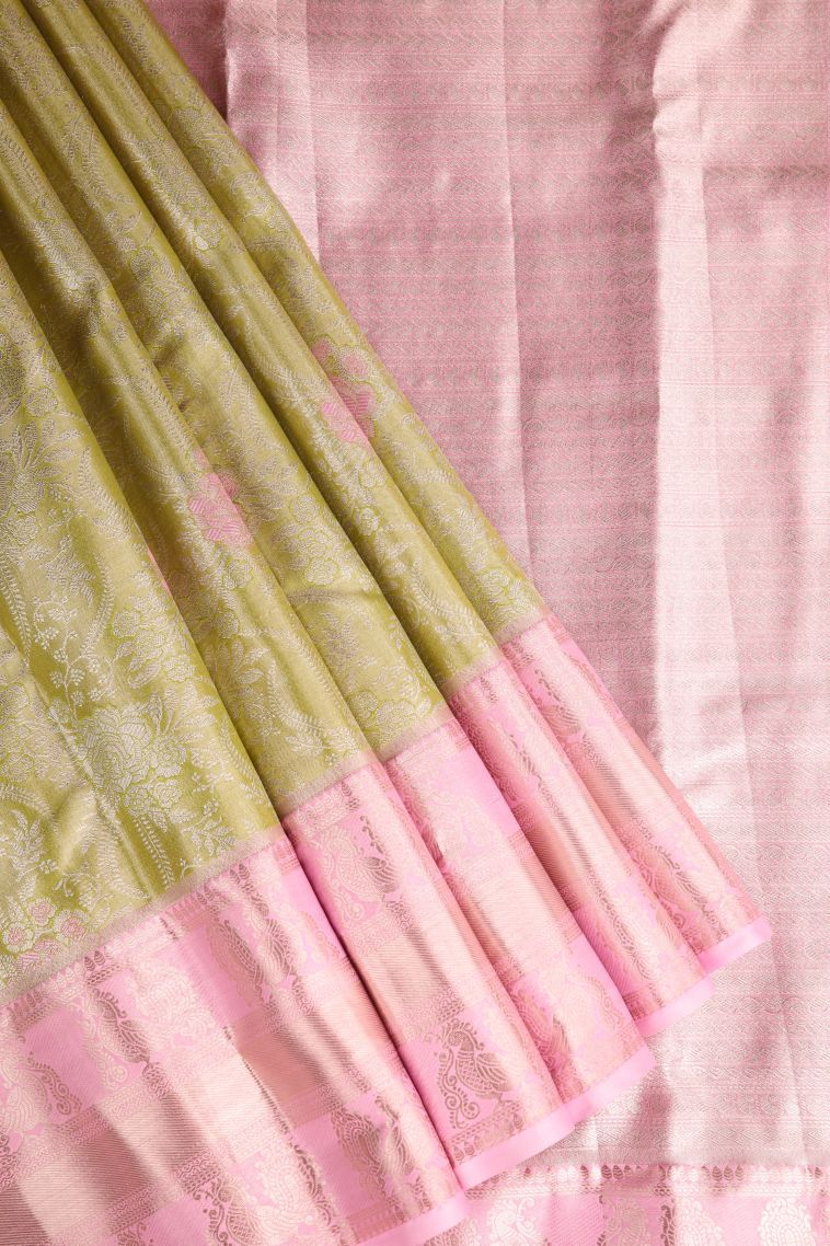 Olive Green Tissue Silk Sarees with Gold Zari Floral Patterns view 1