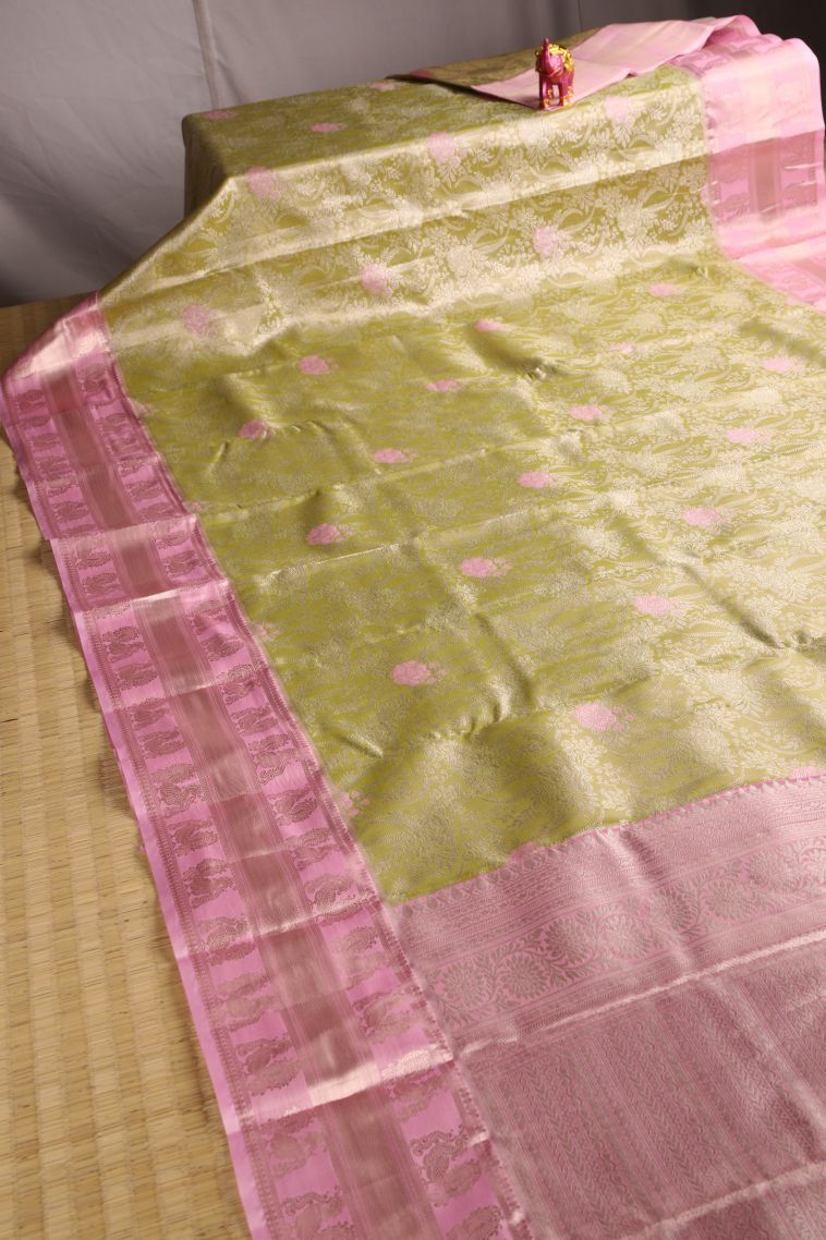 Olive Green Tissue Silk Sarees with Gold Zari Floral Patterns view 2