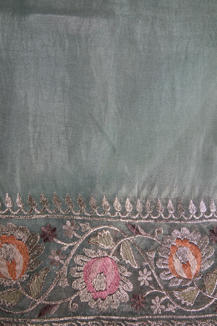 Sapphire Blue Organza Saree with Silver Zari Floral Patterns view 3