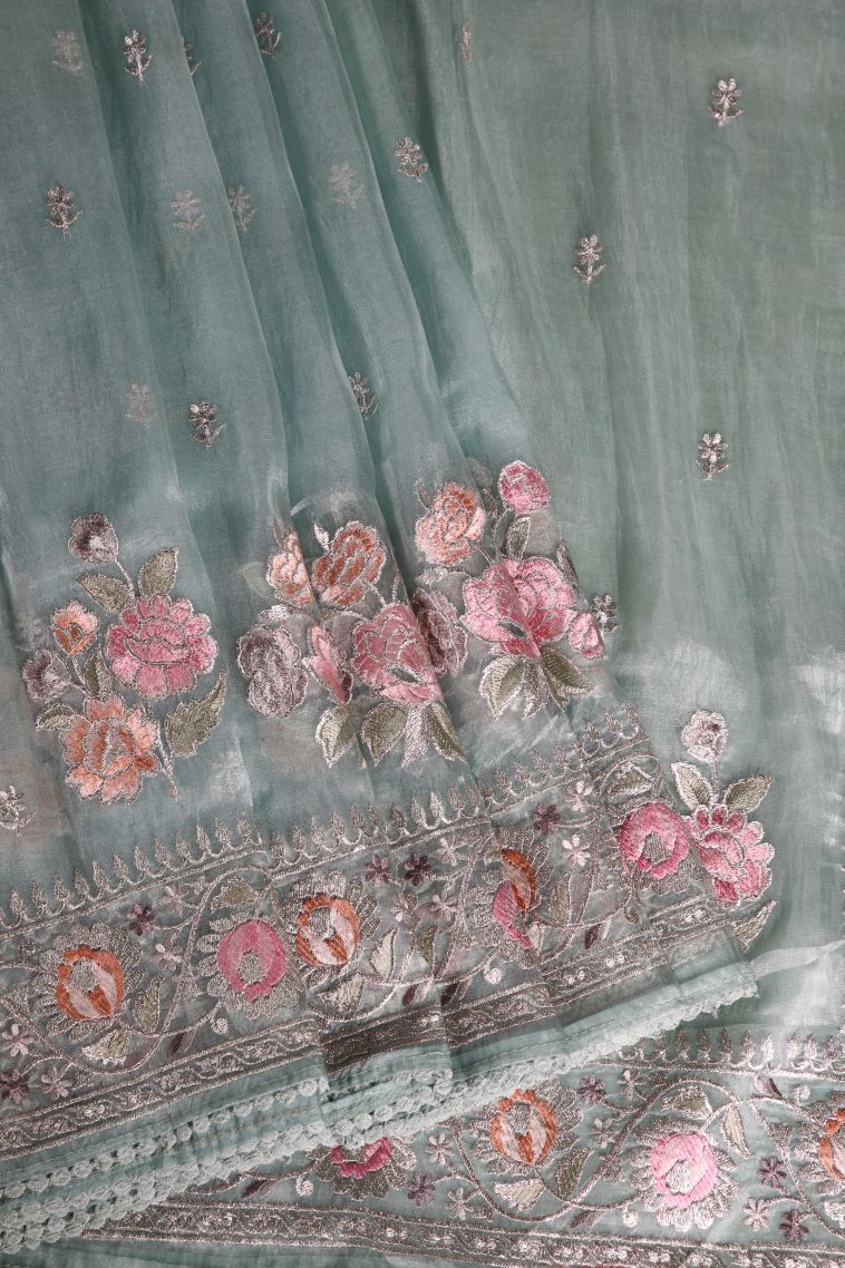 Sapphire Blue Organza Saree with Silver Zari Floral Patterns view 1