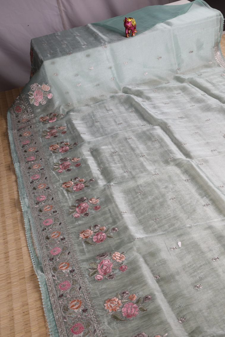 Sapphire Blue Organza Saree with Silver Zari Floral Patterns view 2