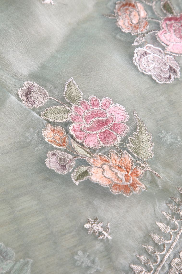 Sapphire Blue Organza Saree with Silver Zari Floral Patterns view 4