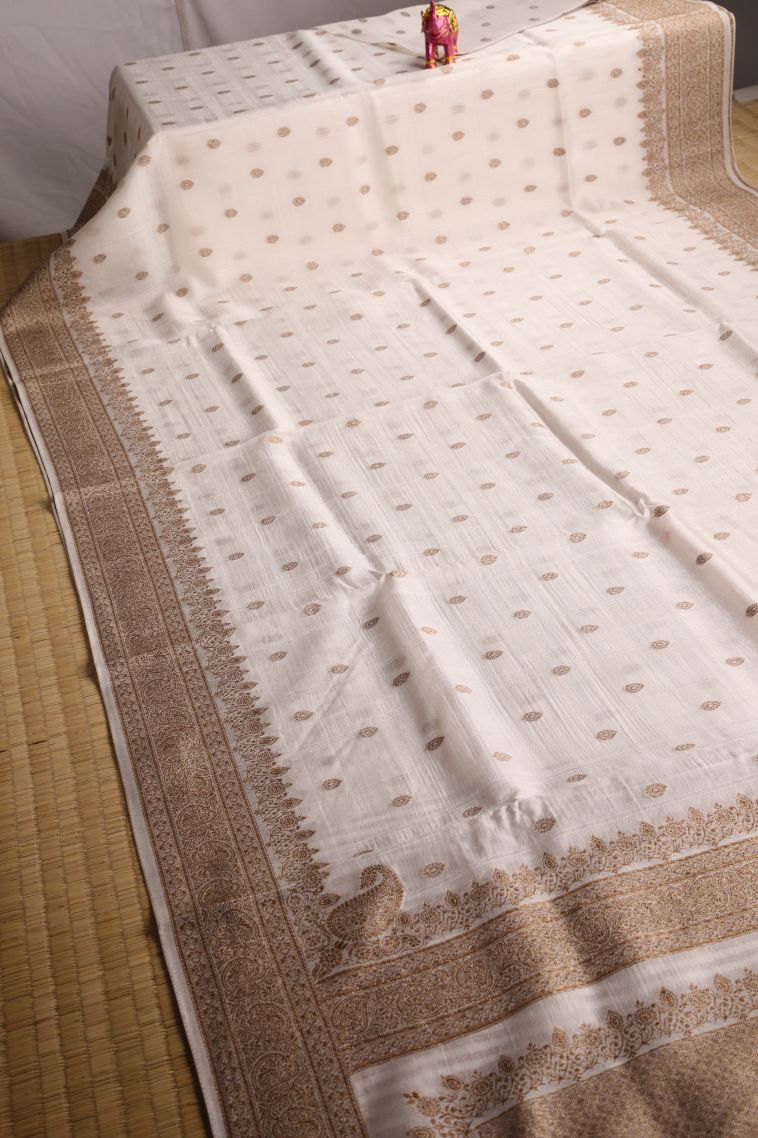 Lace White Banaras Sarees with Gold Zari Buttis (small Dots Or Motifs) view 2