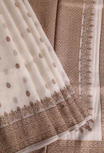 Lace White Banaras Sarees with Gold Zari Buttis (small Dots Or Motifs)