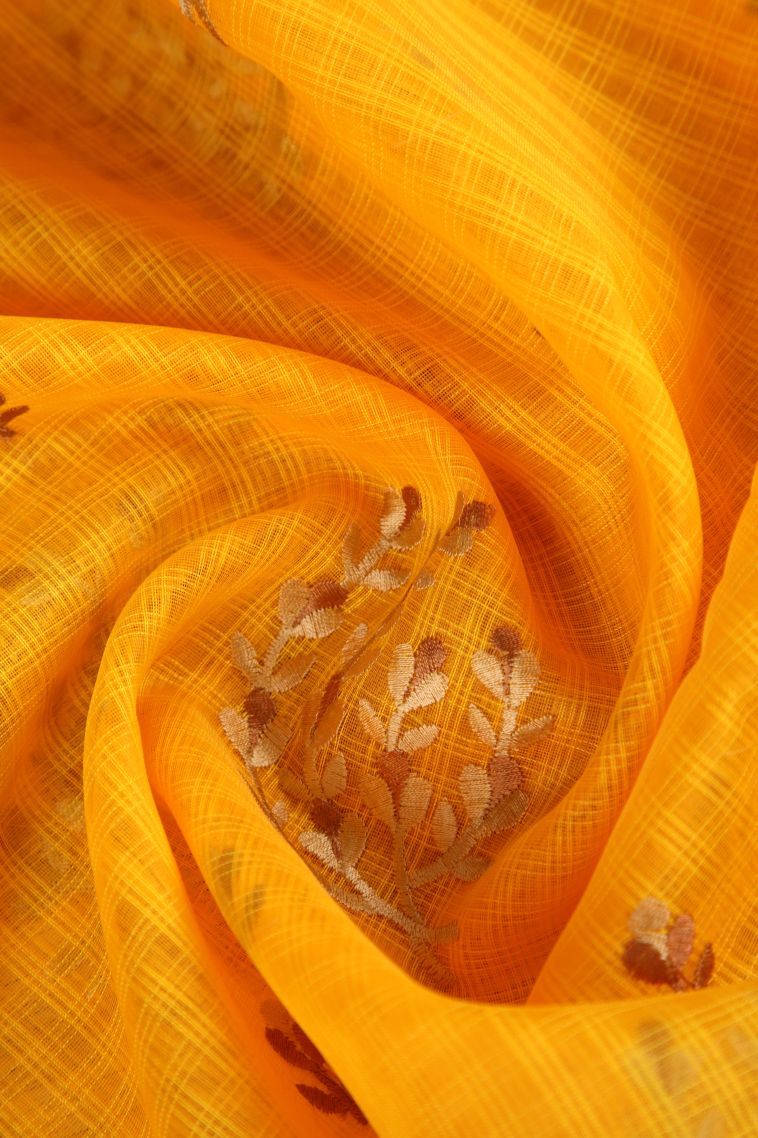 Lemon Yellow Manipuri Cotton Sarees with Gold Zari Floral Patterns view 4