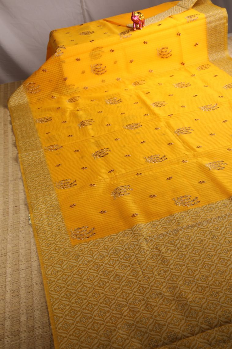 Lemon Yellow Manipuri Cotton Sarees with Gold Zari Floral Patterns view 2