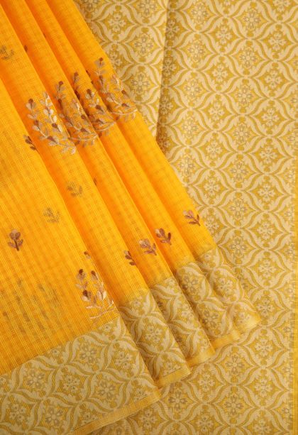 Lemon Yellow Manipuri Cotton Sarees with Gold Zari Floral Patterns