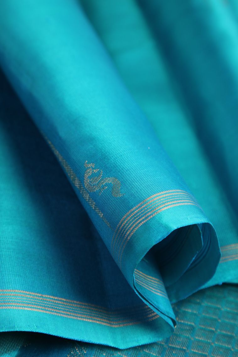 Cerulean Blue Soft Silk Saree with Gold Zari Floral Puttas view 4