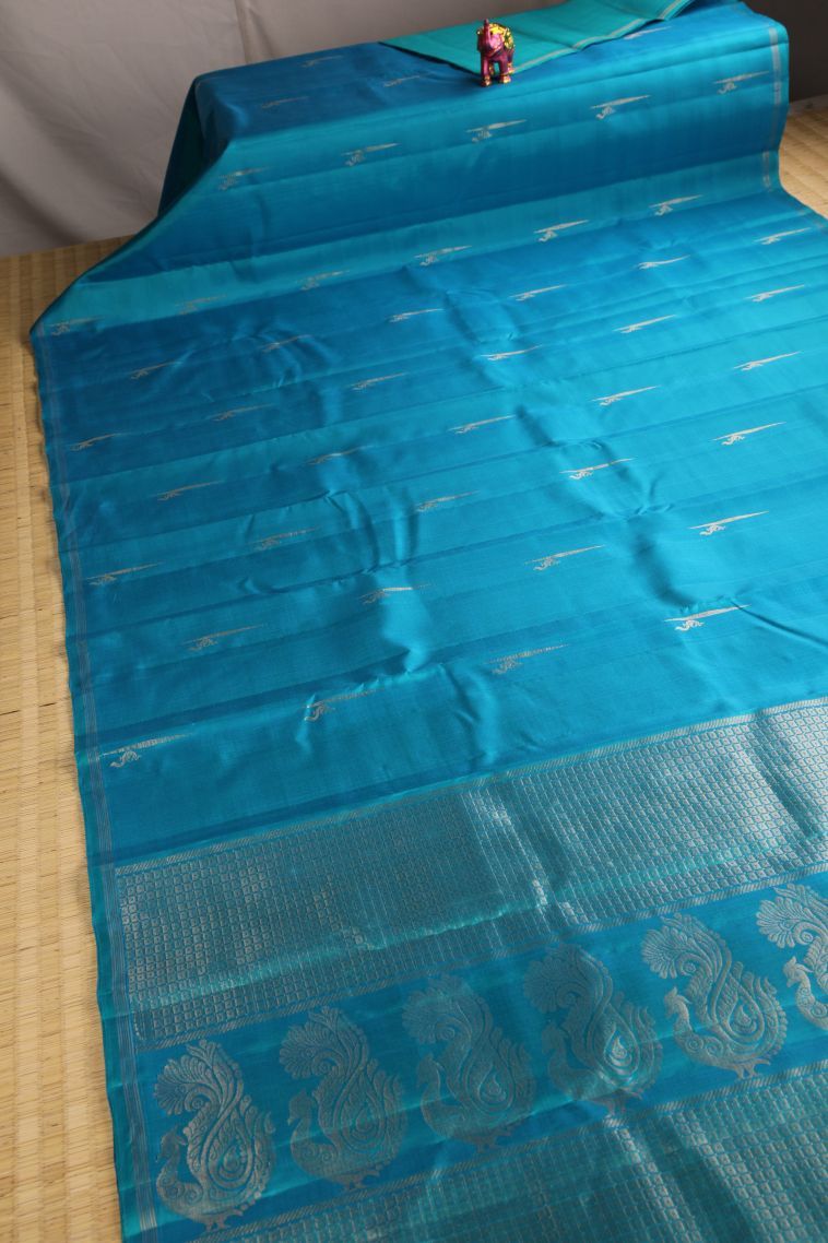 Cerulean Blue Soft Silk Saree with Gold Zari Floral Puttas view 2