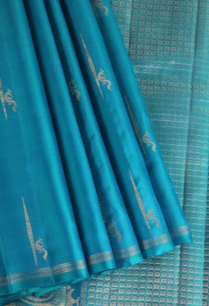 Cerulean Blue Soft Silk Saree with Gold Zari Floral Puttas