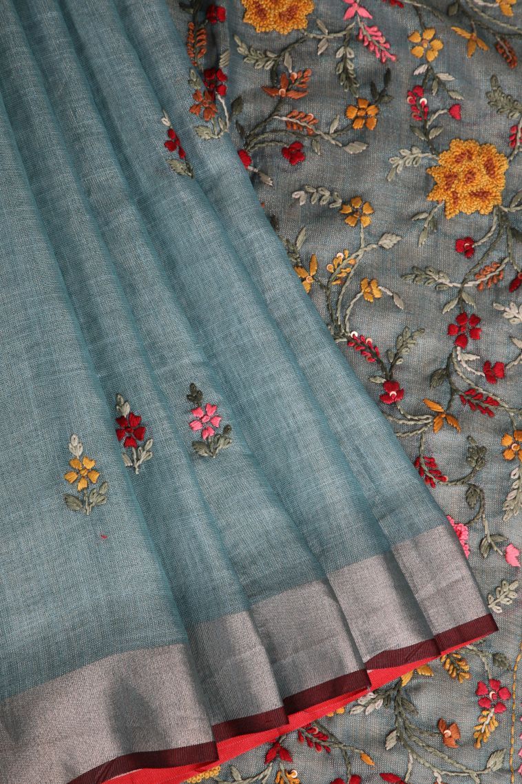 Cerulean Blue Linen Saree with Gold Zari Buttis (small Dots Or Motifs) view 1