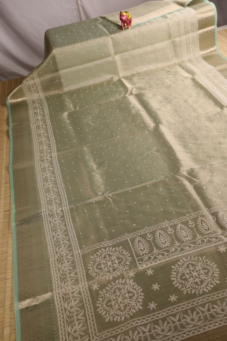 Pistachio Green Tissue Silk Sarees with Gold Zari Mirror Jamiki Puttas view 2