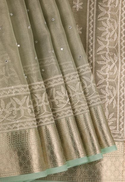 Pistachio Green Tissue Silk Sarees with Gold Zari Mirror Jamiki Puttas