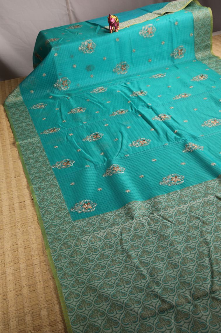 Sky Blue Manipuri Cotton Sarees with Gold Zari Floral Patterns view 2