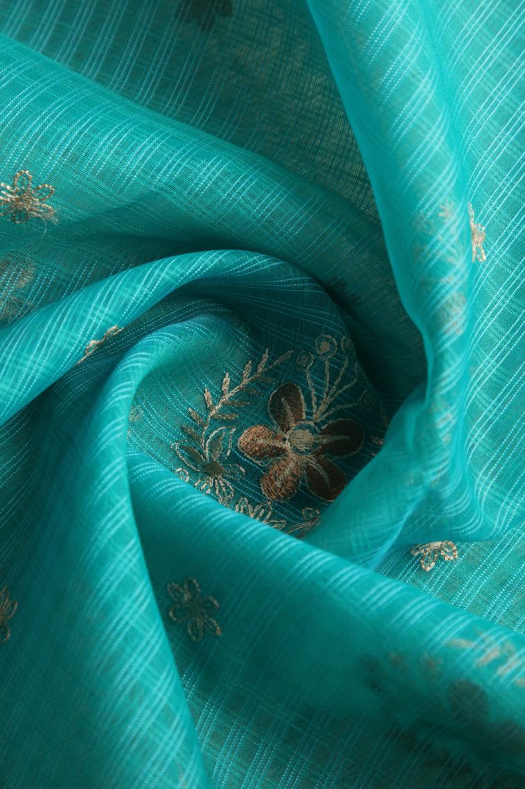 Sky Blue Manipuri Cotton Sarees with Gold Zari Floral Patterns view 4