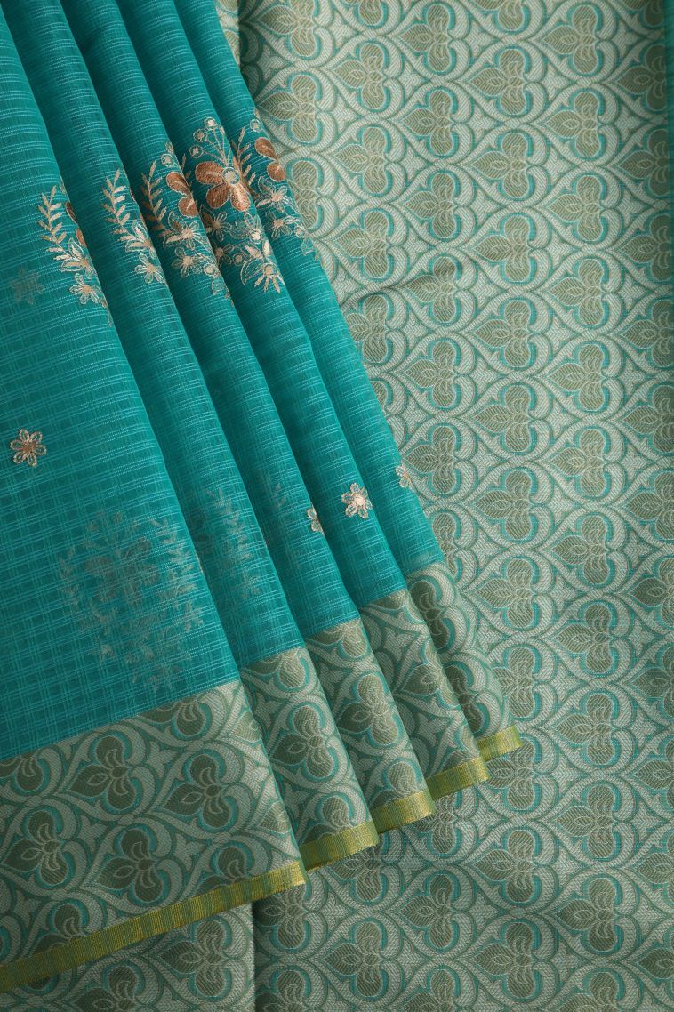 Sky Blue Manipuri Cotton Sarees with Gold Zari Floral Patterns view 1
