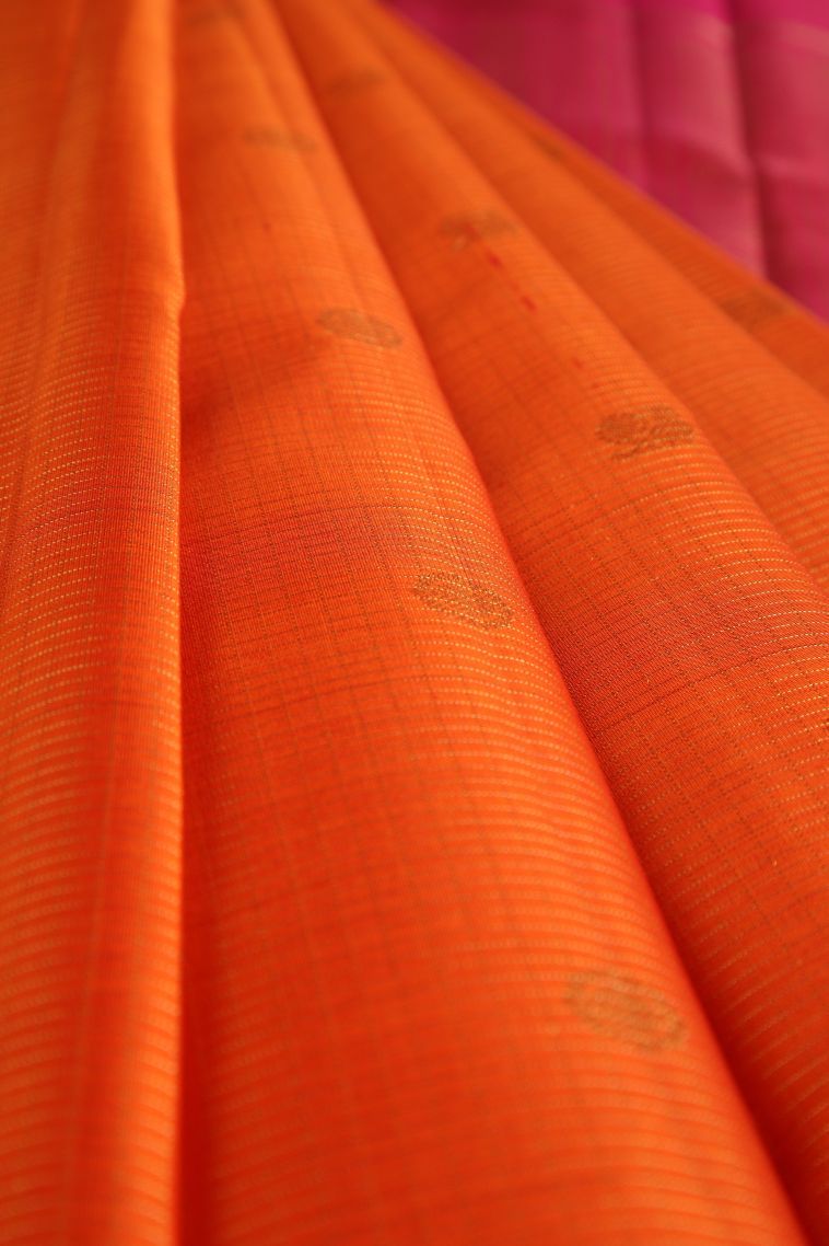 Tiger Orange Kanchipuram Silk Sarees with Gold Zari Checks And Puttas view 4