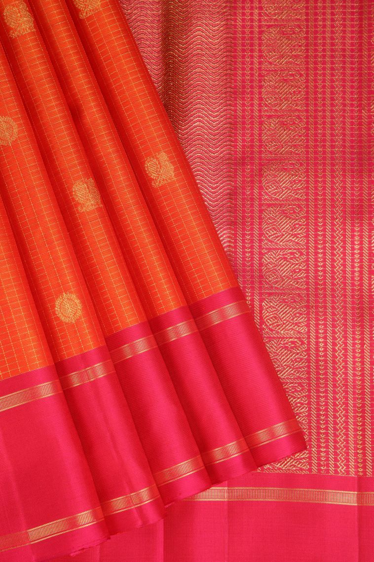 Tiger Orange Kanchipuram Silk Sarees with Gold Zari Checks And Puttas view 1