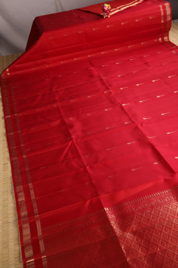 Apple Red Soft Silk Saree with Gold Zari Floral Puttas view 2