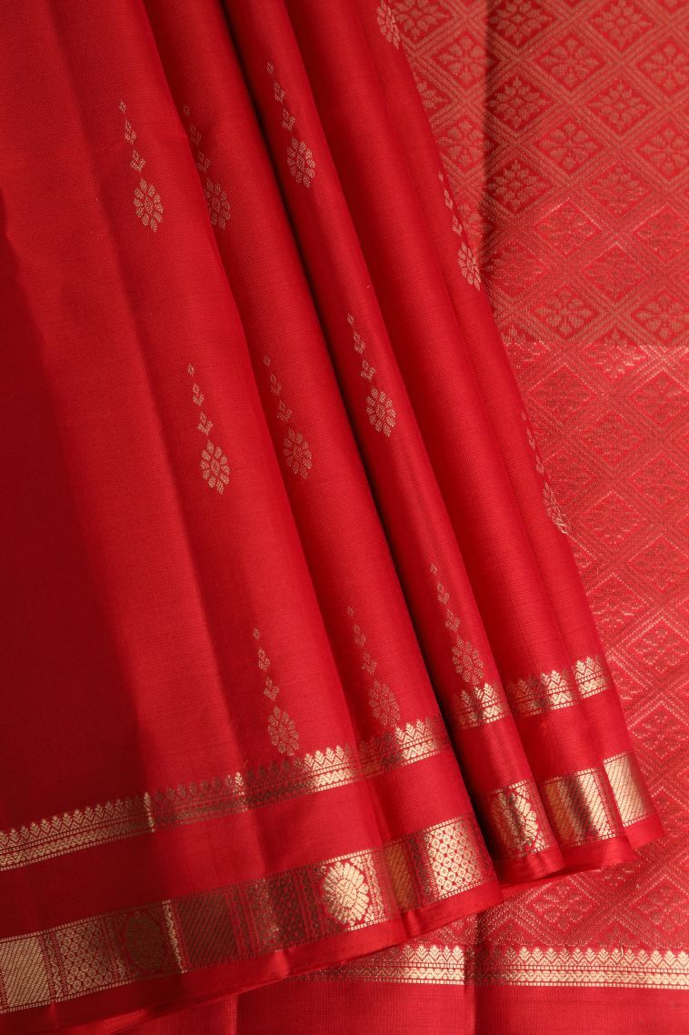 Apple Red Soft Silk Saree with Gold Zari Floral Puttas view 1