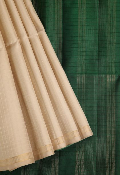 Coconut White Soft Silk Saree with Gold Zari Checks