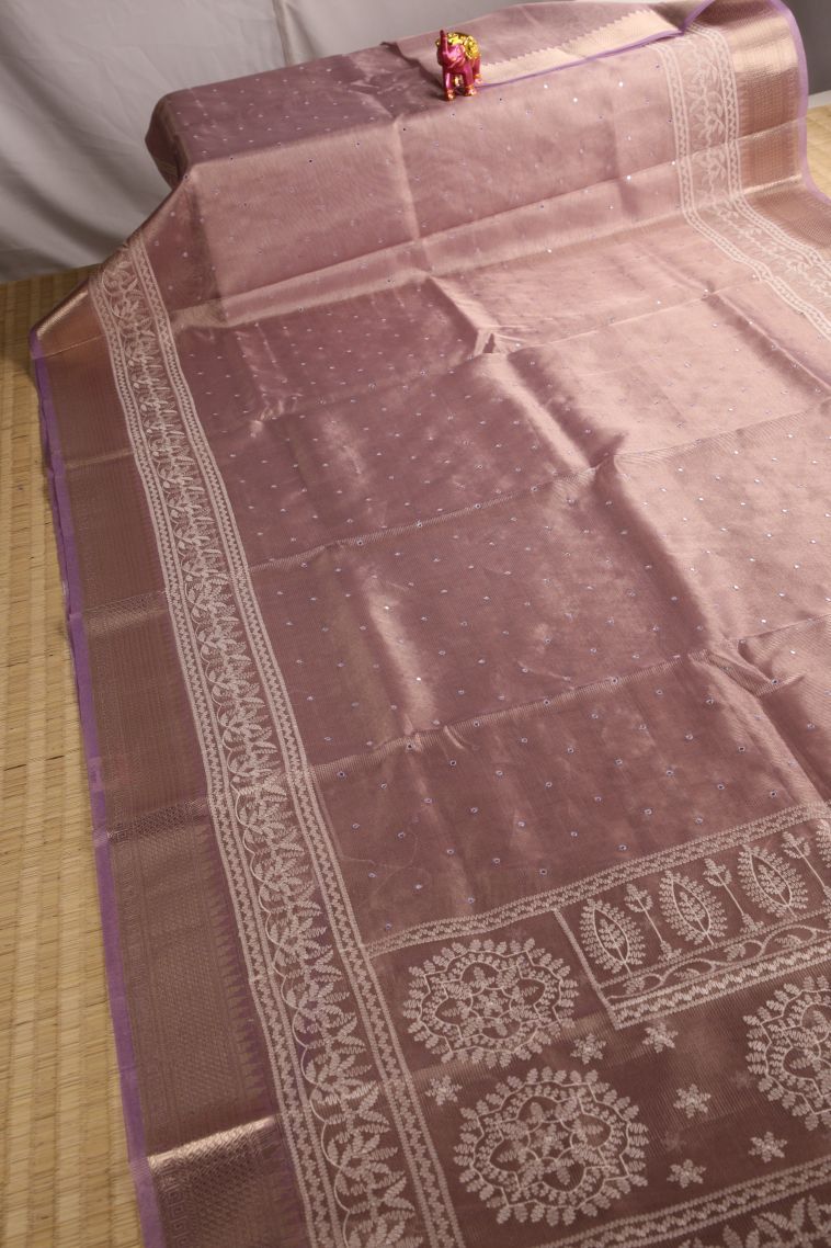 Heather Purple Tissue Silk Sarees with Gold Zari Mirror Jamiki Puttas view 2