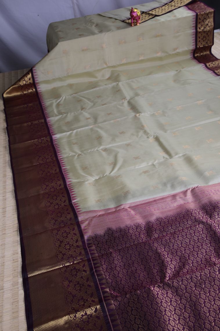 Linen White Soft Silk Saree with Gold Zari Buttis (small Dots Or Motifs) view 2