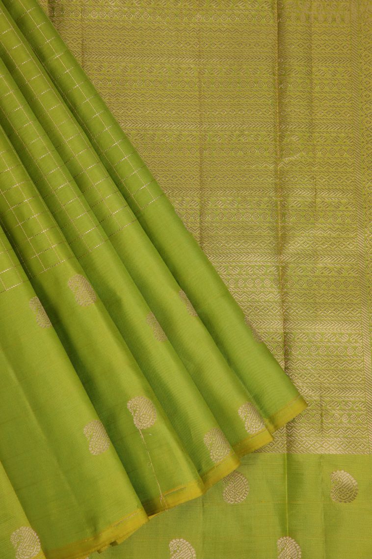 Pear Green Soft Silk Saree with Gold Zari Checks view 1