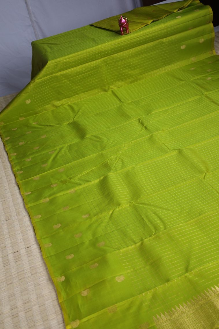Pear Green Soft Silk Saree with Gold Zari Checks view 2