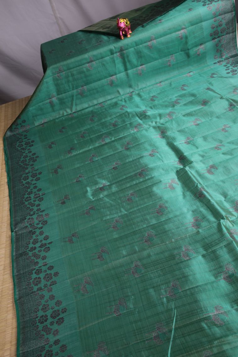 Sage Green Raw Silk Sarees with Without Zari Zari Floral Patterns view 2