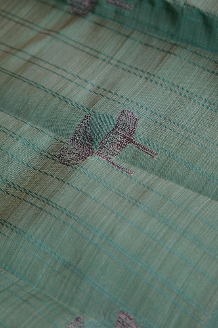 Sage Green Raw Silk Sarees with Without Zari Zari Floral Patterns view 4