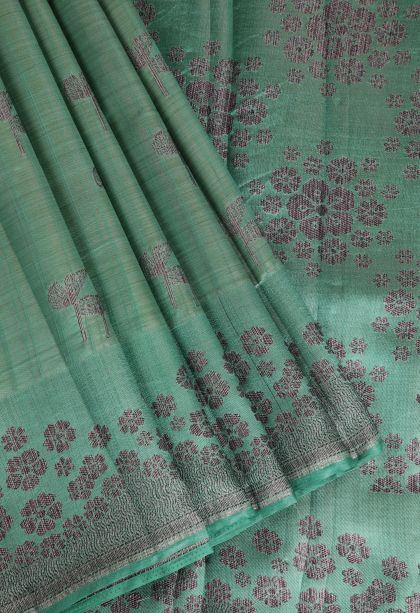 Sage Green Raw Silk Sarees with Without Zari Zari Floral Patterns