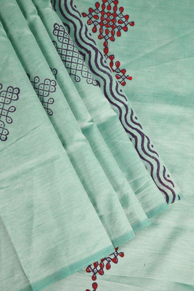 Mint Green Poly Cotton Sarees with Without Zari Zari Kolam Pattern view 1