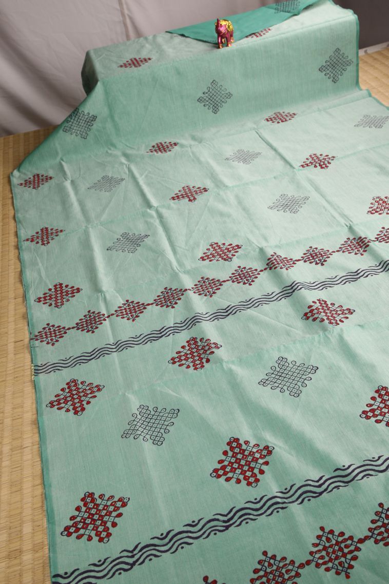 Mint Green Poly Cotton Sarees with Without Zari Zari Kolam Pattern view 2