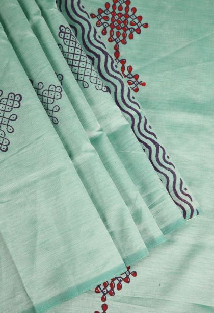 Mint Green Poly Cotton Sarees with Without Zari Zari Kolam Pattern